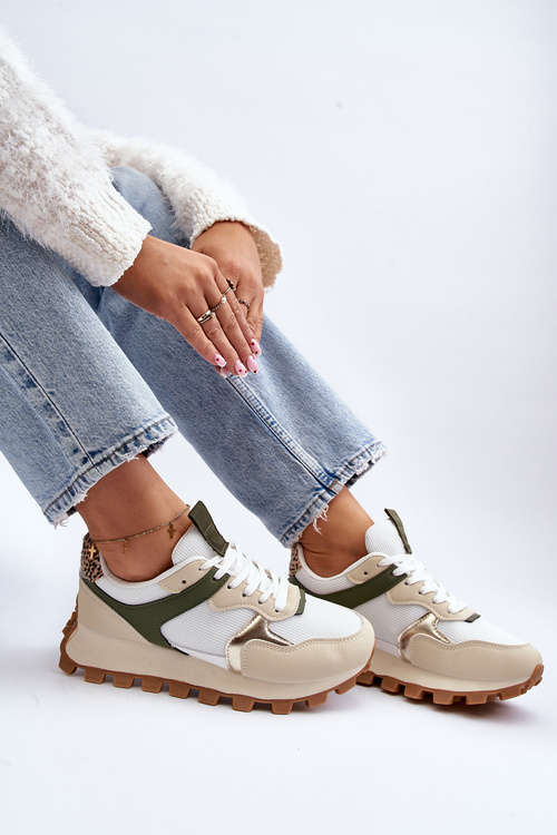 Women's Beige-Green Sports Sneakers Ralita