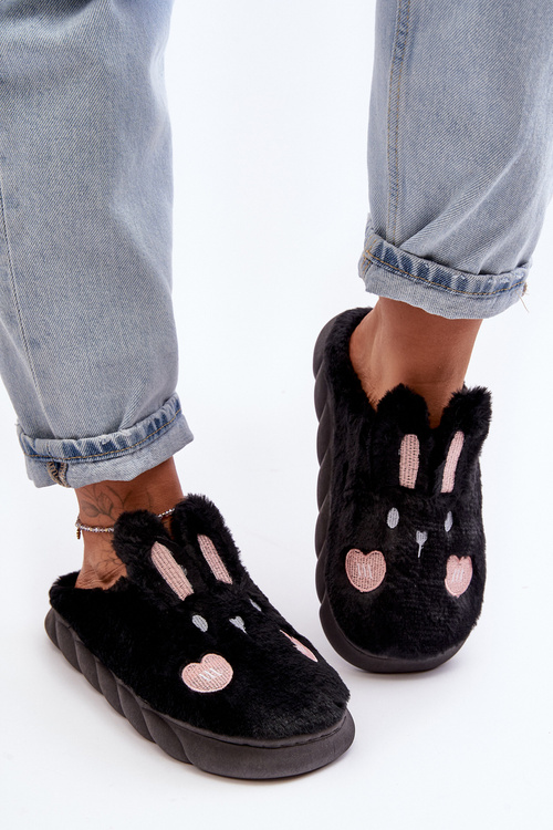 Kapcie Damskie Futrzane Z Króliczkiem Czarne FA115