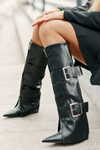 Knee High Wedge Boots with Folded Shaft and Buckles Tamirla