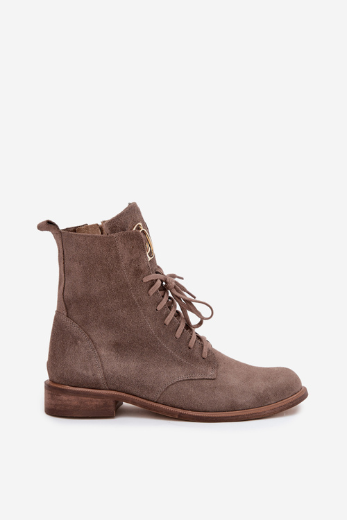 Zazoo 2955 Suede Work Boots With Gold Detail On Tongue Dark Beige
