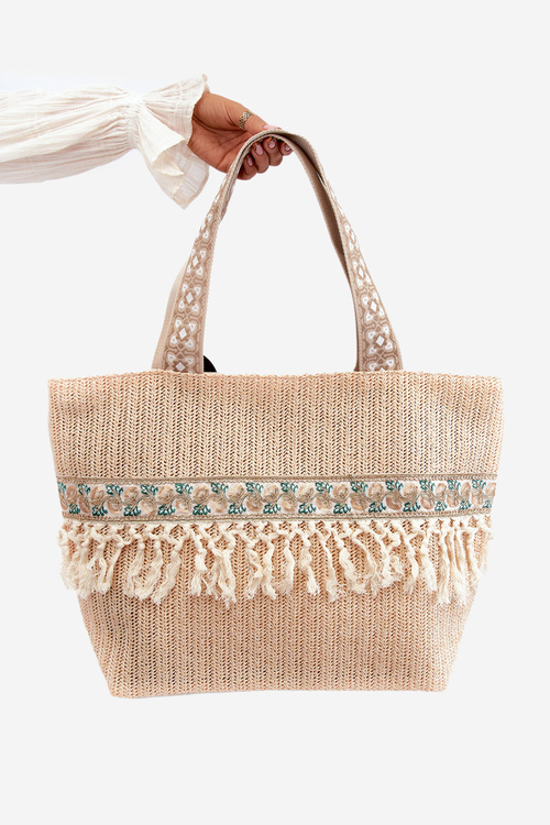Woven Large Beach Bag with Tassels Beige Missalori