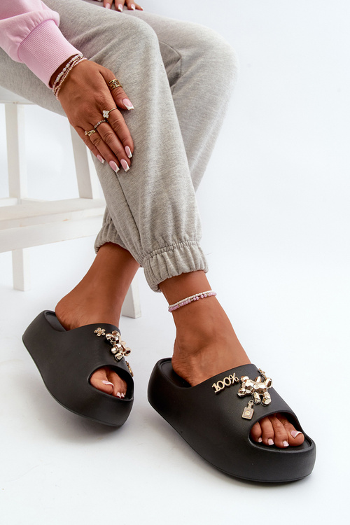 Women's Lightweight Foam Slides with Decorations Black Orchia