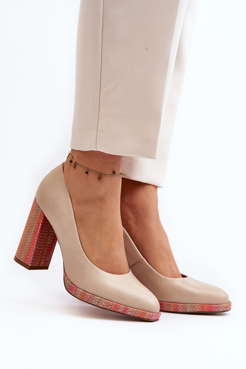 Czółenka Słupek Skóra Naturalna Beżowe Laura Messi 2746