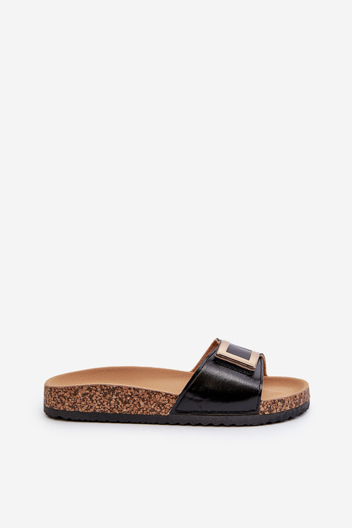 Women's Black Slide Sandals on Cork Platform with Embellishment Elleriome