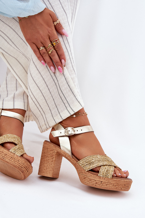 Leather Heeled Sandals With Braided Straps Zazoo 40460 Gold