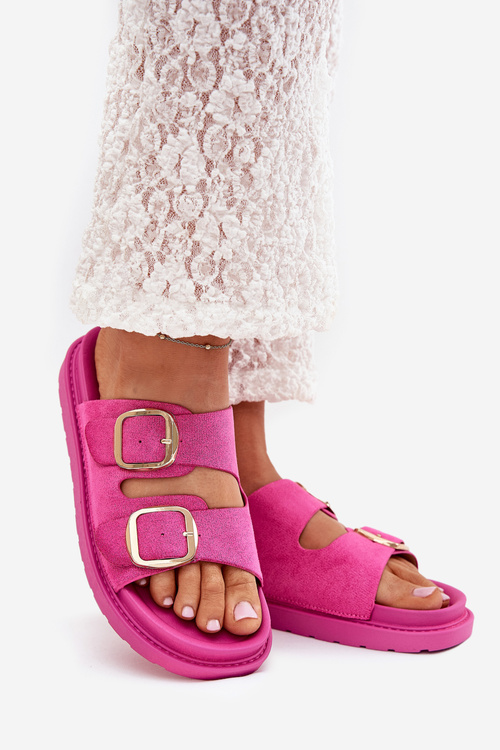 Damskie Klapki Eko Zamszowe Platforma Złote Klamry Fuksja Verena