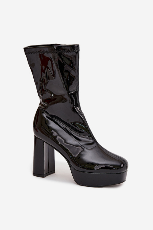 Patent leather women's ankle boots on platform and wedge heel black Calvessa