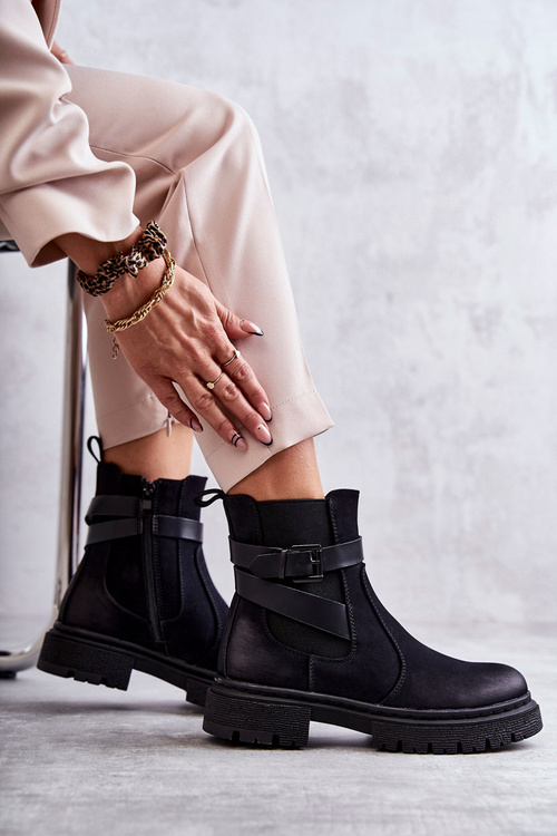 Botki Sztyblety Damskie Ocieplane Pasek Czarne Jose