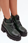 Leather Women's Block Heel Boots with Decorative Strap Insulated Zazoo 60557 Dark Green