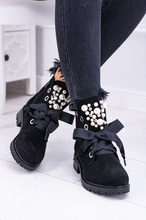 Suede Lined Ankle Boots With Pearls And Ribbon Black Perla