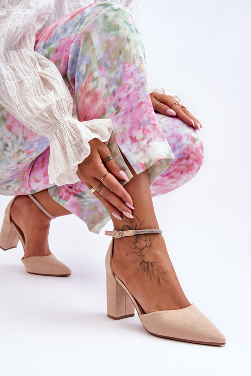 Suede Pumps with Rhinestones Beige Diamond