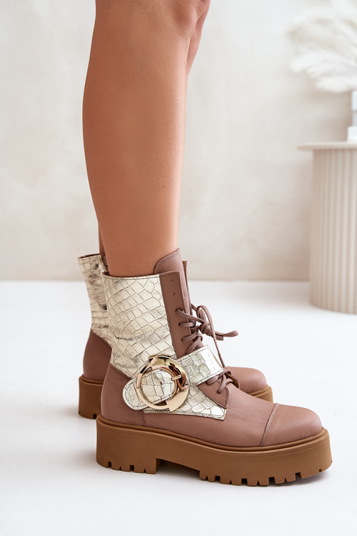 Zazoo 2942 Leather Worker Boots With Gold Buckle Beige