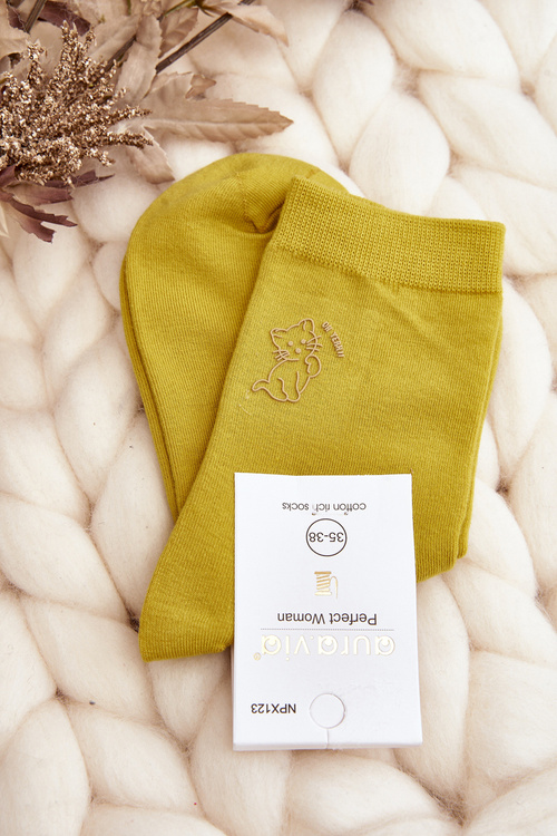 Women's Plain Socks with Cat Yellow