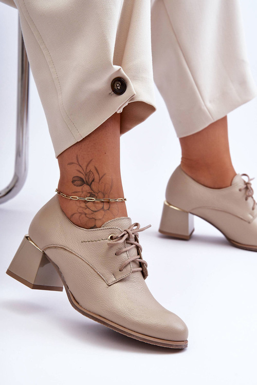 Półbuty Damskie Skóra Obcas Beżowe Keria 20154