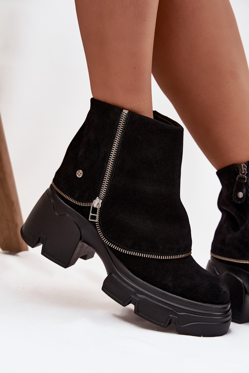 Damskie Botki Wywinięta Cholewka Skóra Naturalna Czarne Maciejka 07145-01