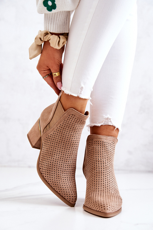 Suede Openwork Cowboy Boots Dark Beige Helloni