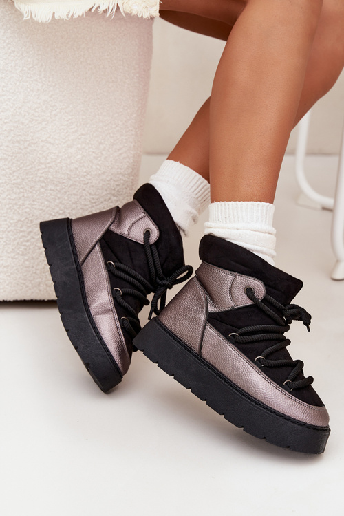 Low Women's Snow Boots Insulated With Fur With Thick Lacing Black Xarina