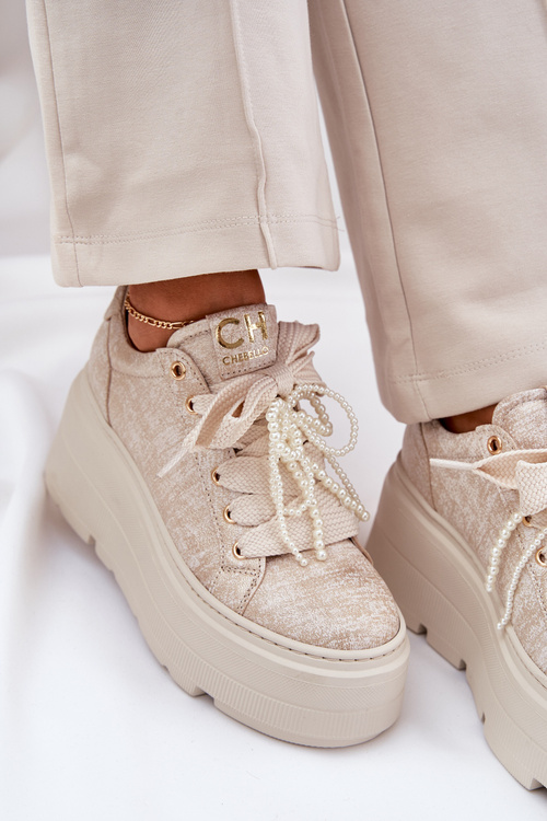 Damskie Sneakersy Skóra Naturalna Platforma Złote CheBello 4658