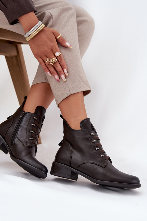 Low Insulated Ankle Boots With Zipper And Decoration Brown Nevalia