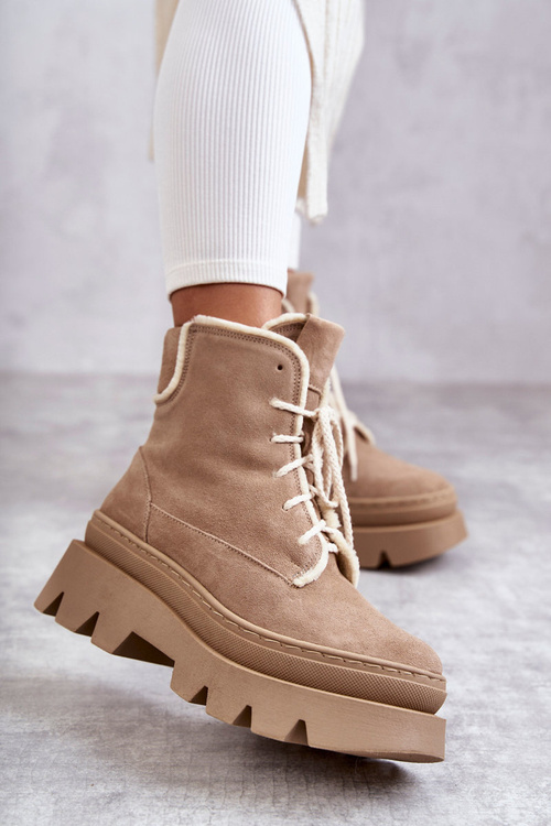 Suede Warm Lace Up Boots Beige Elisabeth