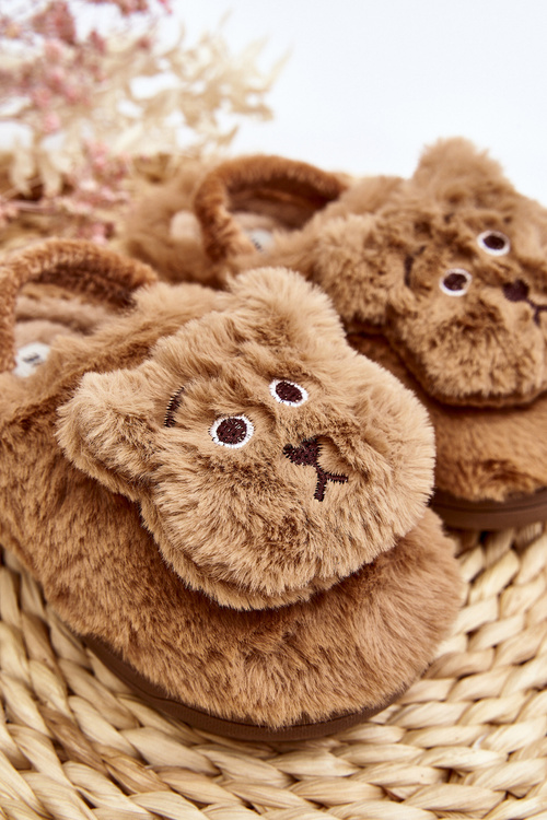 Kapcie Futrzane Dziecięce Z Misiem Brązowe MP8626