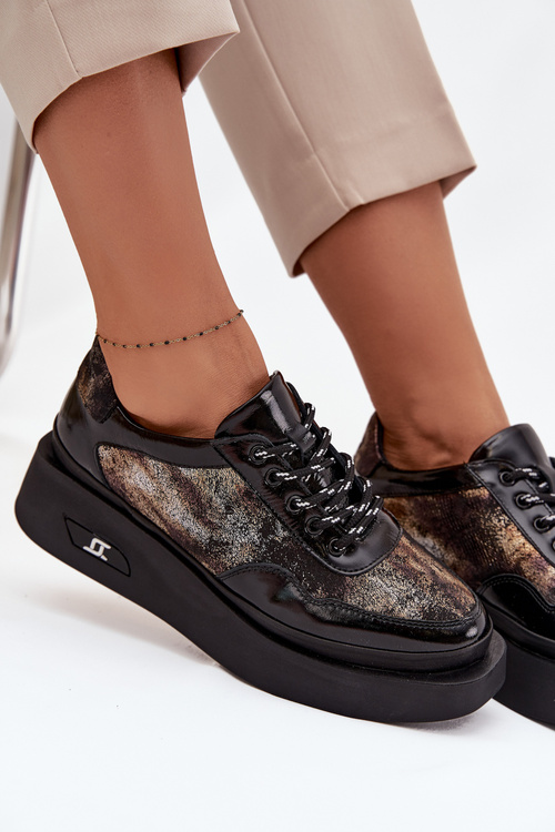 Półbuty Damskie Skóra Naturalna Sznurowanie Platforma Czarno-Złote Artiker 57C2042