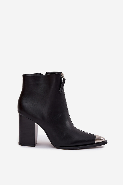 Damskie Botki Obcas Słupek Ozdobny Zamek Eko Skóra Czarne Wiviane