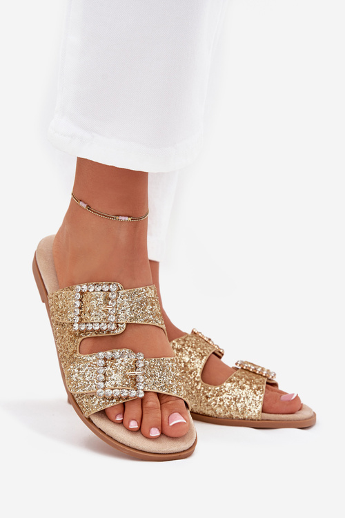 Shiny embellished flip flops with buckles on flat heel gold Tovira