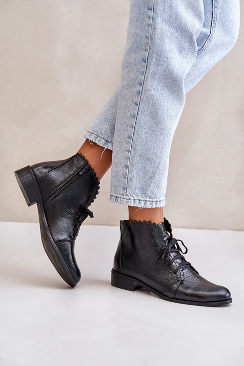 Zazoo 2964 Leather Ankle Boots On Flat Heel Black