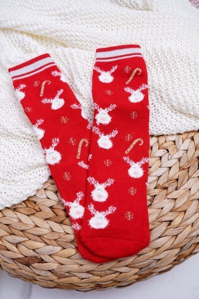 Women's Socks Christmas Antislip Warm Red With Reindeer