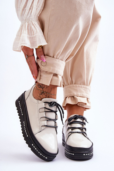Sneakersy Lakierowane Damskie a Platformie S.Barski LR592B Beżowe