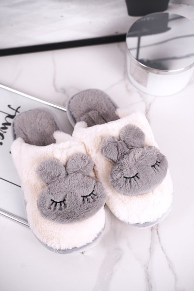 Women's Furry Slippers White Grey Rabbit