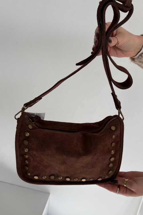 Leather Suede Bag Decorated with Gems Brown Savra