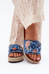 Ladies platform sandals with weaving and flowers blue Chellia