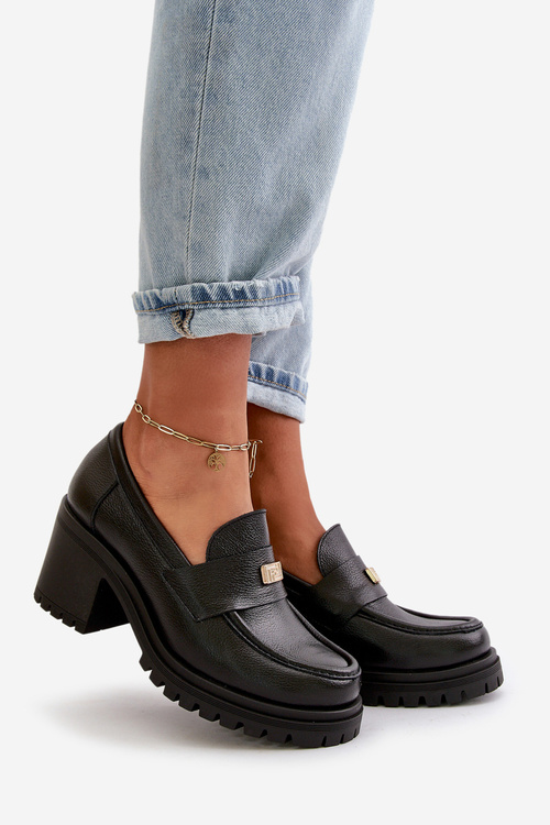 Damskie Eleganckie Półbuty Na Słupku Skóra Naturalna Czarne Zazoo 20168