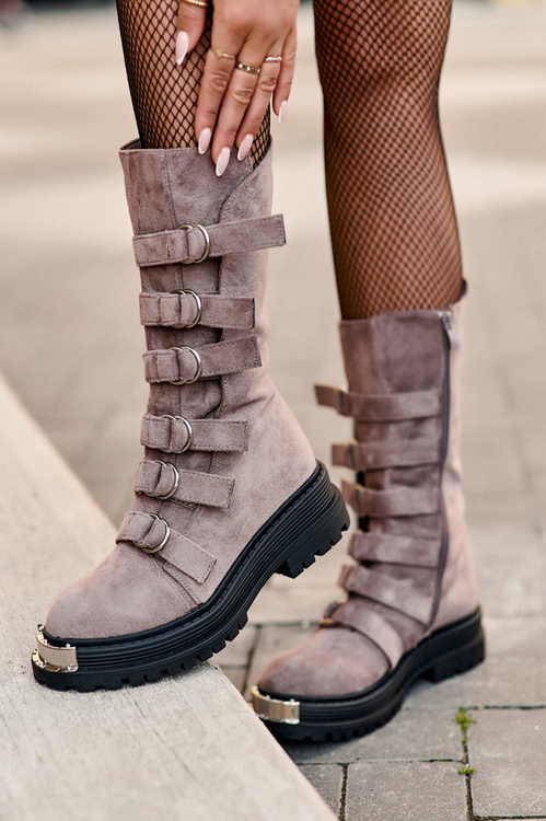 Leather High Boots with Straps Dark Beige Elnatea