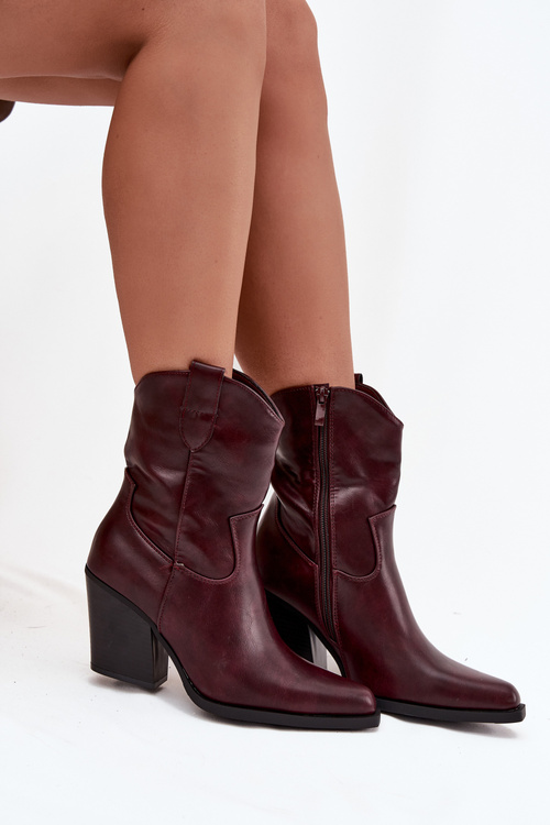 Damskie Botki Obcas Słupek Kowbojki Eko Skórzane Bordowe Sorelia