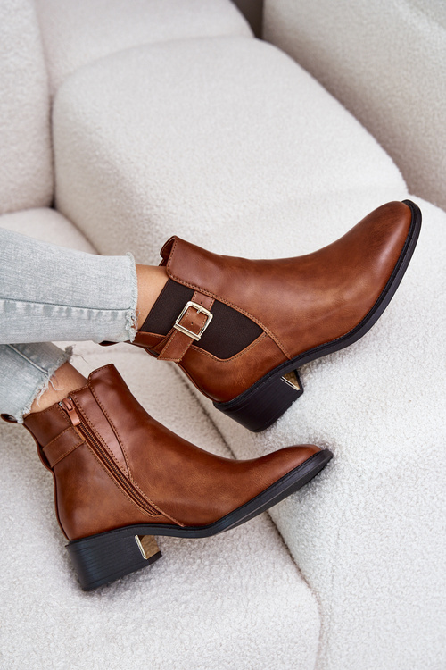 Sztyblety Botki Ocieplane Niski Obcas Złota Klamra Camel Vomera