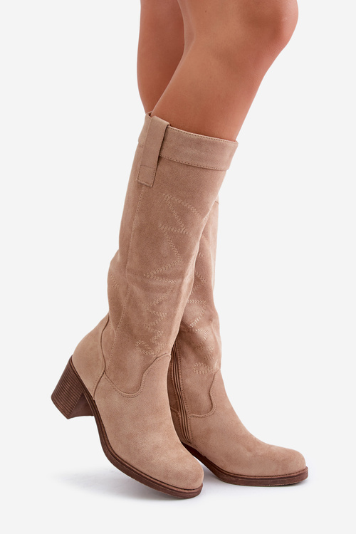 Damskie Kozaki Na Zamek Obcas Słupek Przed Kolano Beżowe Erisorae
