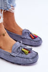 Suede Loafers With Bow And Fringes Blue Dorine