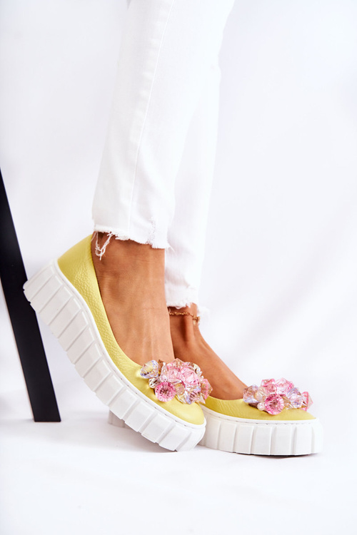 Leather Ballerinas On A Platform With Colorful Ornament Yellow Ladette