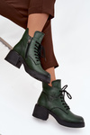 Women's Leather Block Heeled Boots with Lining Vinceza 39950 Dark Green