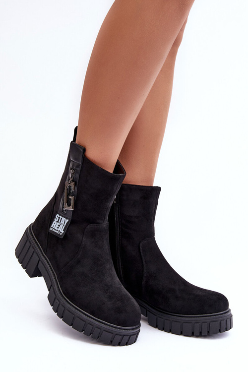 Women's Massive Suede Boots on a Flat Heel Black Lunai