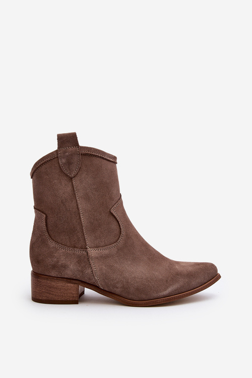 Zazoo 3329 Suede Cowboy Ankle Boots Low Heel Dark Beige
