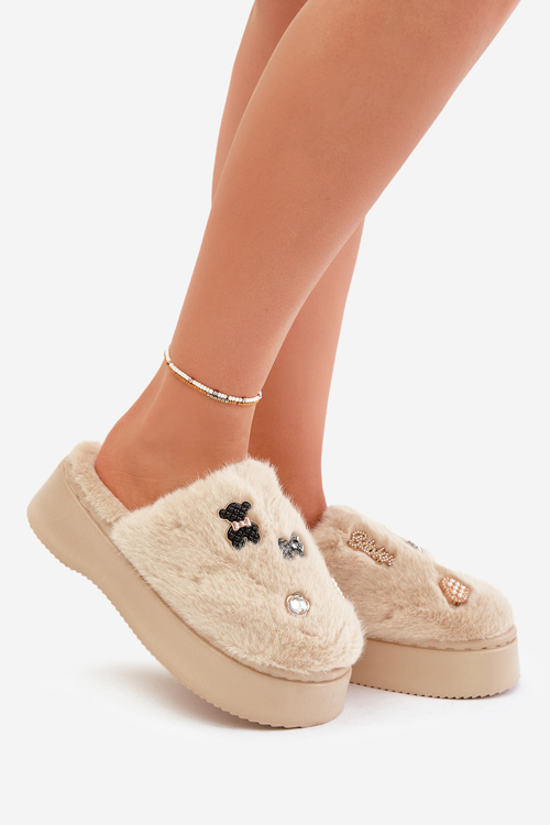 Kapcie Z Przypinkami Futrzane Na Grubej Podeszwie Beżowe Zintoria