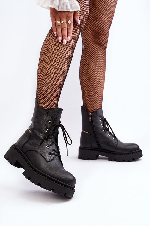 Women's Leather Trapper Boots With Zip Zazoo 949P Black