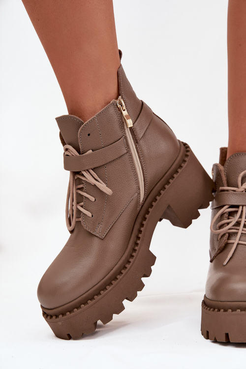 Damskie Botki Skóra Ozdobny Pasek Obcas Klocek Ocieplane Ciemnobeżowe Zazoo 60557