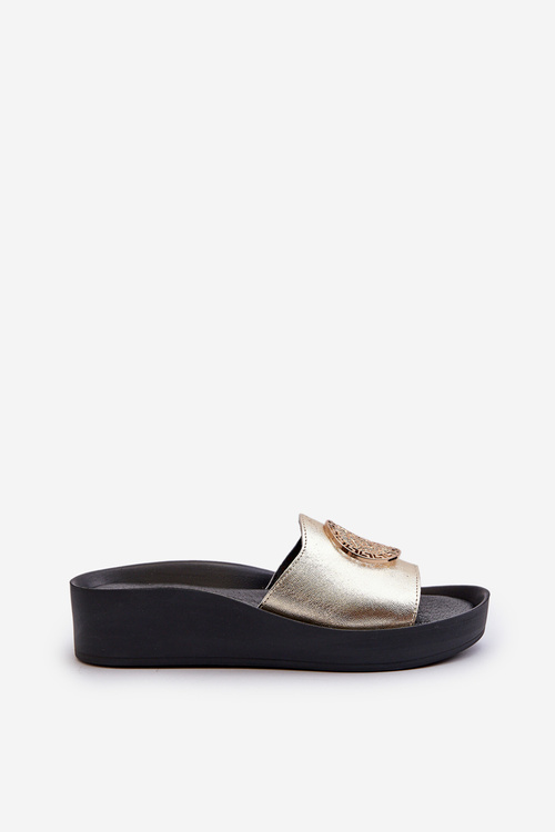 Zazoo 2920 Leather Women's Wedge Sandals With Gold Detail Gold