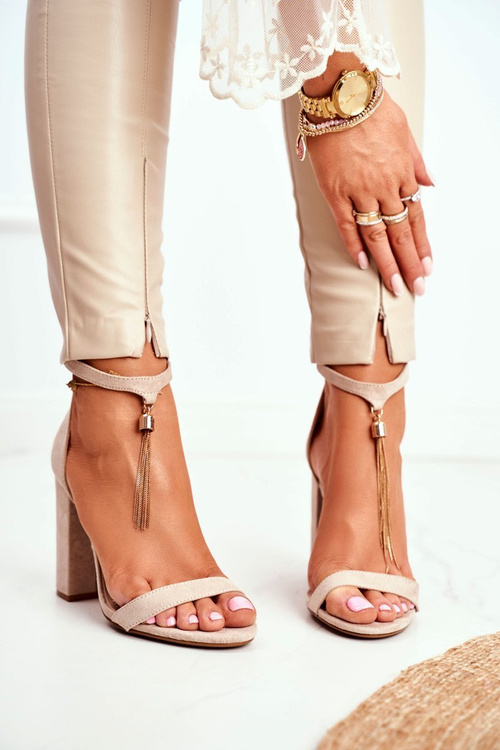 Beige Suede Stiletto Sandals with Fringe Annick