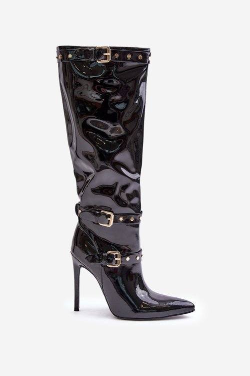 Kozaki Na Szpilce Lakierowane Z Klamrami Czarne Emiraethe